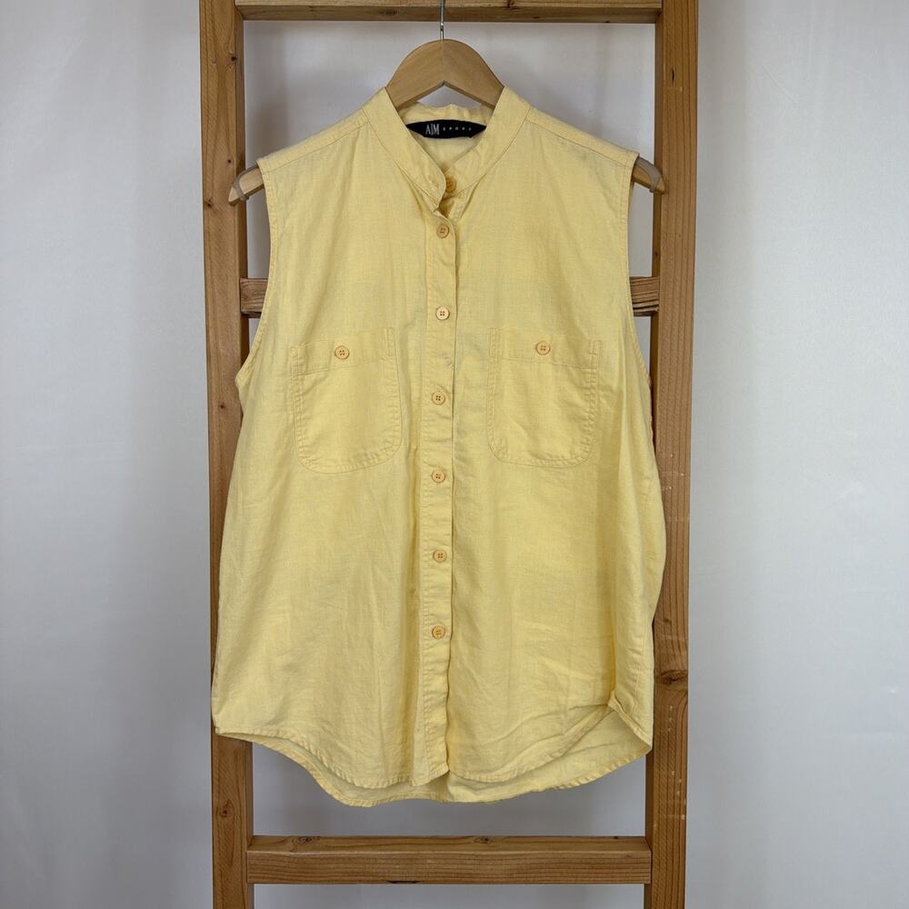 A M Sport Yellow Button Up Sleeveless Mandarin Collar Top MED